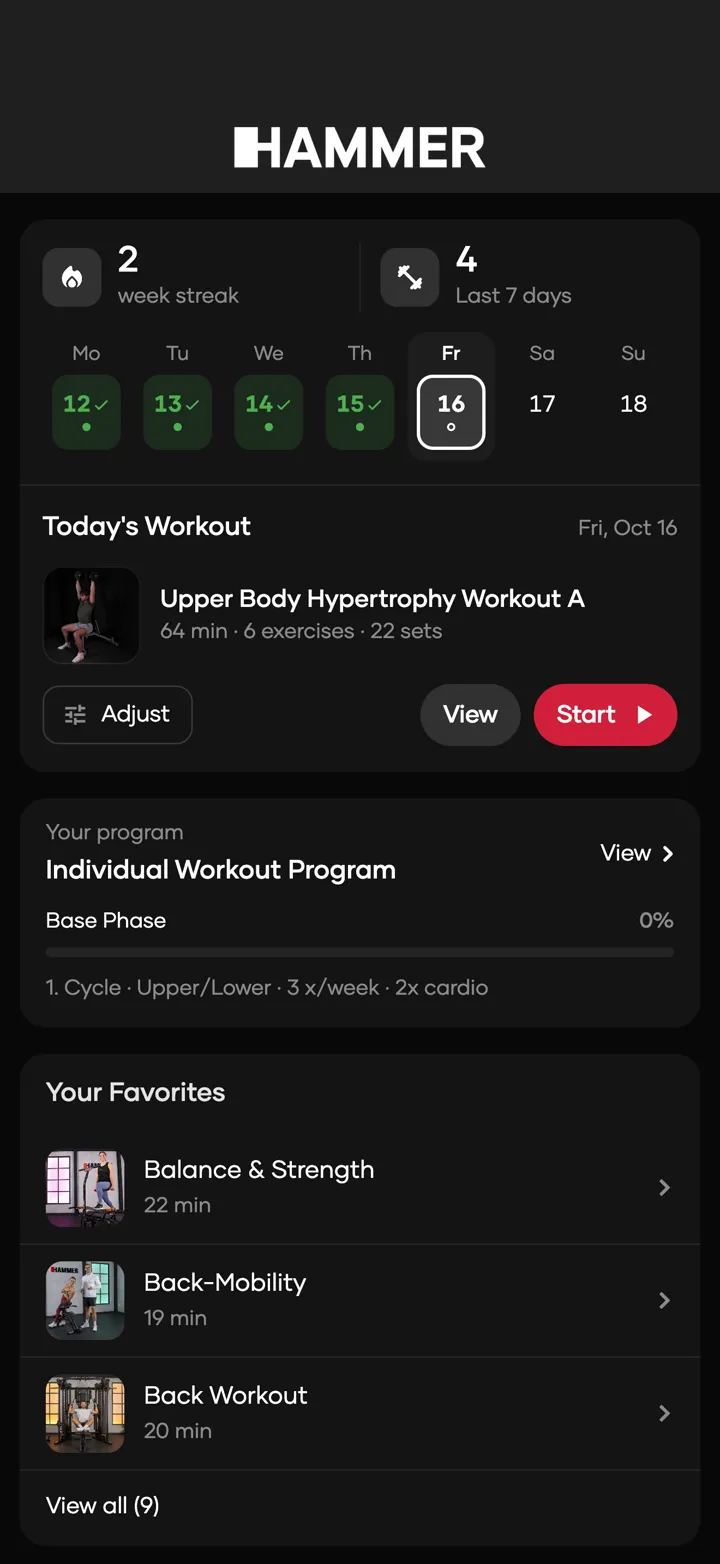 Die HAMMER Workouts App: deine Woche, das heutige Workout mit Start und Anpassen, und dein Programm